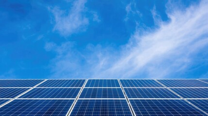 Vibrant solar panel array under a clear blue sky, symbolizing sustainable energy and innovation in renewable technology.