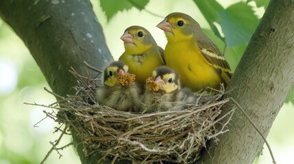 Poster - A family of birds in a nest, with chicks being fed by adult birds in a natural setting.