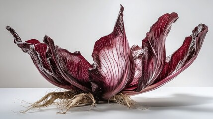 Wall Mural - A striking red cabbage with intricate leaf patterns and roots, displayed artistically.