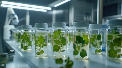 Wall Mural - Laboratory setting with jars containing plant cuttings in water for growth and study.