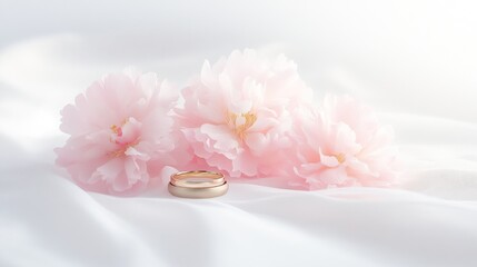 Poster - A romantic arrangement featuring a gold wedding ring and soft pink flowers on a white fabric.