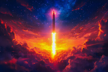 Rocket launch through vibrant sunset and clouds into space