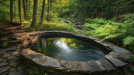 A serene natural hot spring surrounded by lush greenery and a peaceful stream.