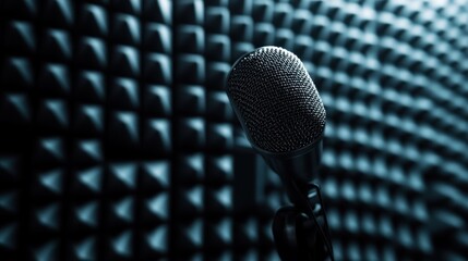 Poster - A close-up of a microphone in a soundproof studio environment.