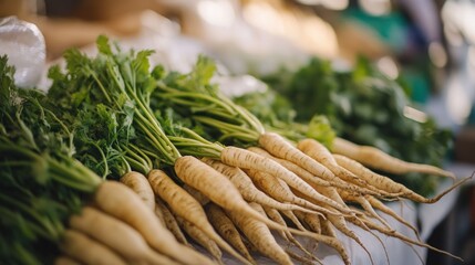 Canvas Print - Freshly harvested root vegetables with vibrant green tops at a market stall.