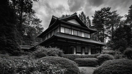 Canvas Print - A serene black-and-white image of a traditional Japanese house surrounded by lush greenery.