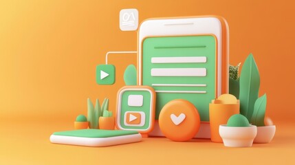 A colorful 3D illustration of mobile app elements and plants, representing digital interaction.