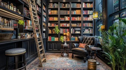 Wall Mural - Cozy library with a reading nook, bookshelves, and a rustic ladder for access.