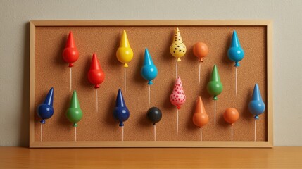 Canvas Print - A colorful arrangement of cone-shaped objects on a corkboard, showcasing design and organization.