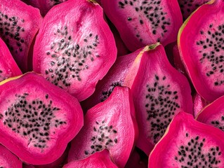 A vibrant collection of pink dragon fruit halves arranged neatly on a dark background. Top view.