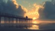 © Sampao - A father and son fishing off the pier on a peaceful beach at dawn, with the sun rising behind them and casting a soft glow on the water.