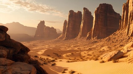 Dramatic desert scene with towering sandstone rock formations a vast expanse of rolling dunes sparse desert vegetation and a cloudless sky with a warm golden hue