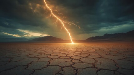 Canvas Print - A dramatic lightning strike illuminates a dry, cracked landscape under ominous clouds.