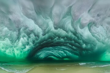 Massive swirling storm vortex with light and shadow contrasts, high aerial view