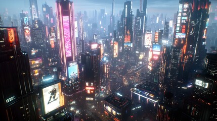 Wall Mural - Mesmerizing cyberpunk inspired cityscape with towering skyscrapers reaching skyward neon lights and illuminated billboards casting a warm glow across the dynamic urban landscape