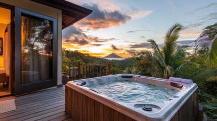 A serene hot tub overlooking a tropical sunset and lush landscape.