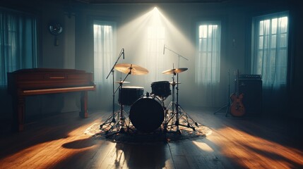 Poster - A serene music studio featuring a drum set, piano, and guitar, illuminated by soft light.