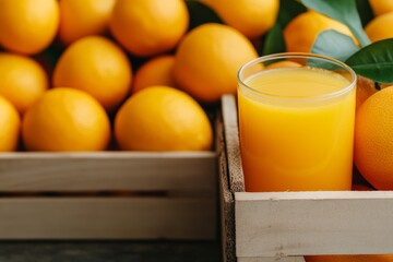 A fresh glass of orange juice placed beside whole oranges, reflecting freshness and health benefits.