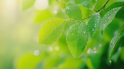 Close-up of green leaves with water droplets, symbolizing freshness and nature's beauty.