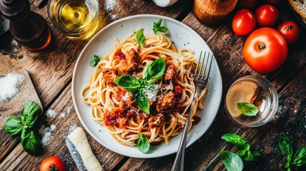 Sticker - A delicious plate of spaghetti with meatballs, garnished with basil and served on a rustic table.