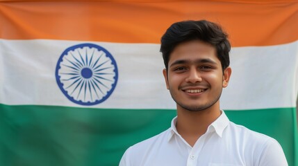 Young Indian Man Smiling Against Indian National Flag, Cultural Diversity and Patriotism Concept