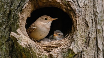 Poster - A mother bird and her chick nestled in a tree hollow, showcasing nature's nurturing bond.