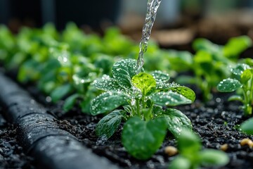 Poster - Watering Green Plants in a Garden