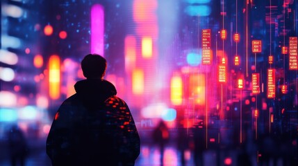 Wall Mural - A silhouetted figure stands in a vibrant, digital cityscape filled with neon lights.