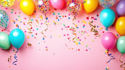 Wall Mural - A festive arrangement of colorful balloons and confetti on a pink background for celebrations.