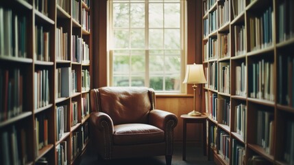 Canvas Print - A cozy reading nook in a library with a leather chair and a lamp beside shelves of books.