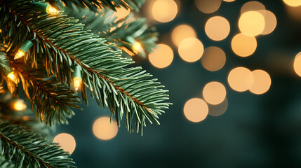 closeup of fir tree branch with bokeh lights rich emerald needles contrast with soft focus background evokes cozy christmas mood