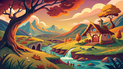 Wall Mural - A picturesque landscape with a quaint hobbit-style cottage nestled among rolling hills, a winding stream, and a large, gnarled tree in the foreground. The scene has a warm, autumnal color palette