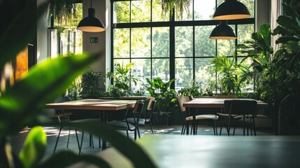 Canvas Print - A serene indoor space featuring plants and wooden tables, ideal for work or relaxation.