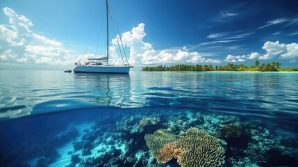 A lone sailboat anchored off the coast of a tropical island, with vibrant coral reefs visible beneath the surface of the water.