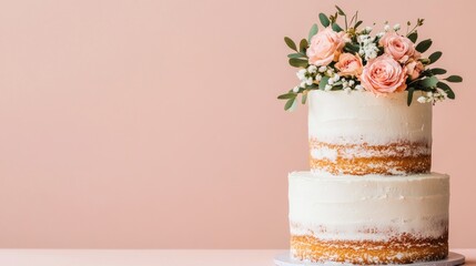 Wall Mural - A beautifully decorated two-tier cake with flowers on top against a soft pink background.