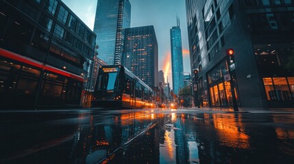 Poster - A cityscape at dusk with reflections on wet streets and a tram in motion.