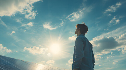 Man looks up to the sun in the blue sky, next to him are solar panels, concept for green renewable energy technology. innovation for alternative electricity