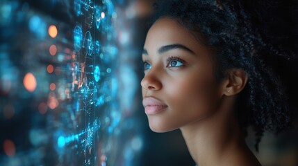 focused woman with glasses analyzing glowing futuristic screens. data science, technology innovation