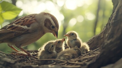 Wall Mural - A bird feeding its chicks in a nest, showcasing nurturing behavior in nature.