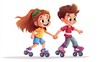 © Hungarian - A happy boy and girl roller skating side-by-side