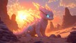 © Bos Amico - Majestic Pixiu a Mythical Creature with Crystalline Scales Standing Tall in a Vibrant Desert Landscape with Towering Sand Dunes and a Radiant Cinematic Sunset in the Background