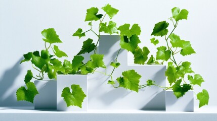 Wall Mural - A minimalist arrangement of green vines on white pedestals, showcasing nature's beauty.