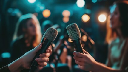 Wall Mural - Two people holding microphones in a performance setting, suggesting an interview or discussion.