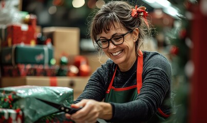 Smiling woman with glasses wrapping Christmas gifts in a festive setting with colorful decorations