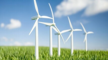 A scenic view of wind turbines on lush green grass under a clear blue sky, symbolizing renewable energy and sustainability.