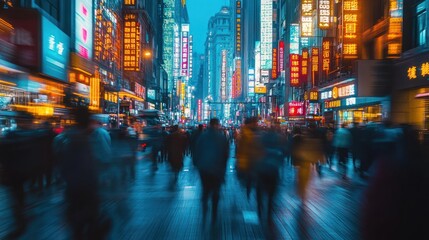 Wall Mural - A bustling city street illuminated by vibrant neon lights and filled with blurred pedestrians.