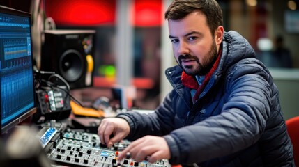 Canvas Print - A person working at a music production setup, adjusting equipment and monitoring sound.