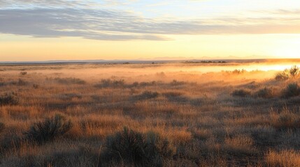 A peaceful morning on the plains, with a light fog hanging over the landscape and the sun just beginning to rise in the distance.