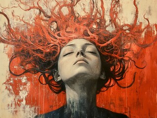 Sticker - Red Hair Woman Portrait: Abstract Painting of Emotions