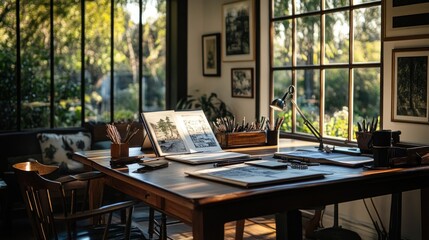 Sticker - A serene artist's studio with sketches and natural light.